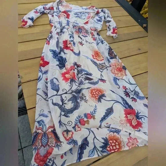 Floral Midi Dress - Cream with Red and Blue Accents - Picture 5 of 5